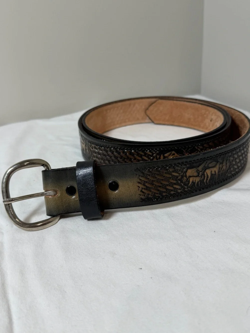 Western Full Grain Cowhide Leather 69W Oversized Tooled Black Brown Animal Belt